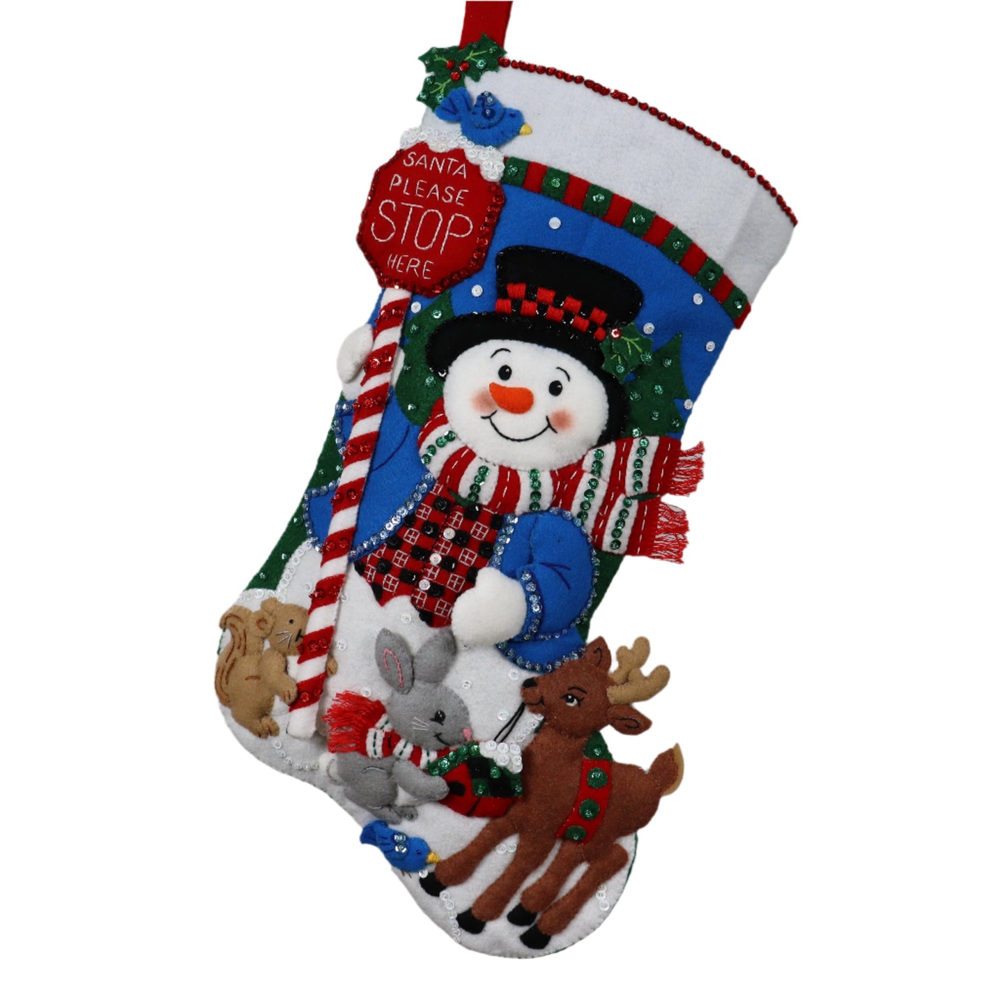 Santa Stop Here Bucilla Felt Christmas Stocking front view