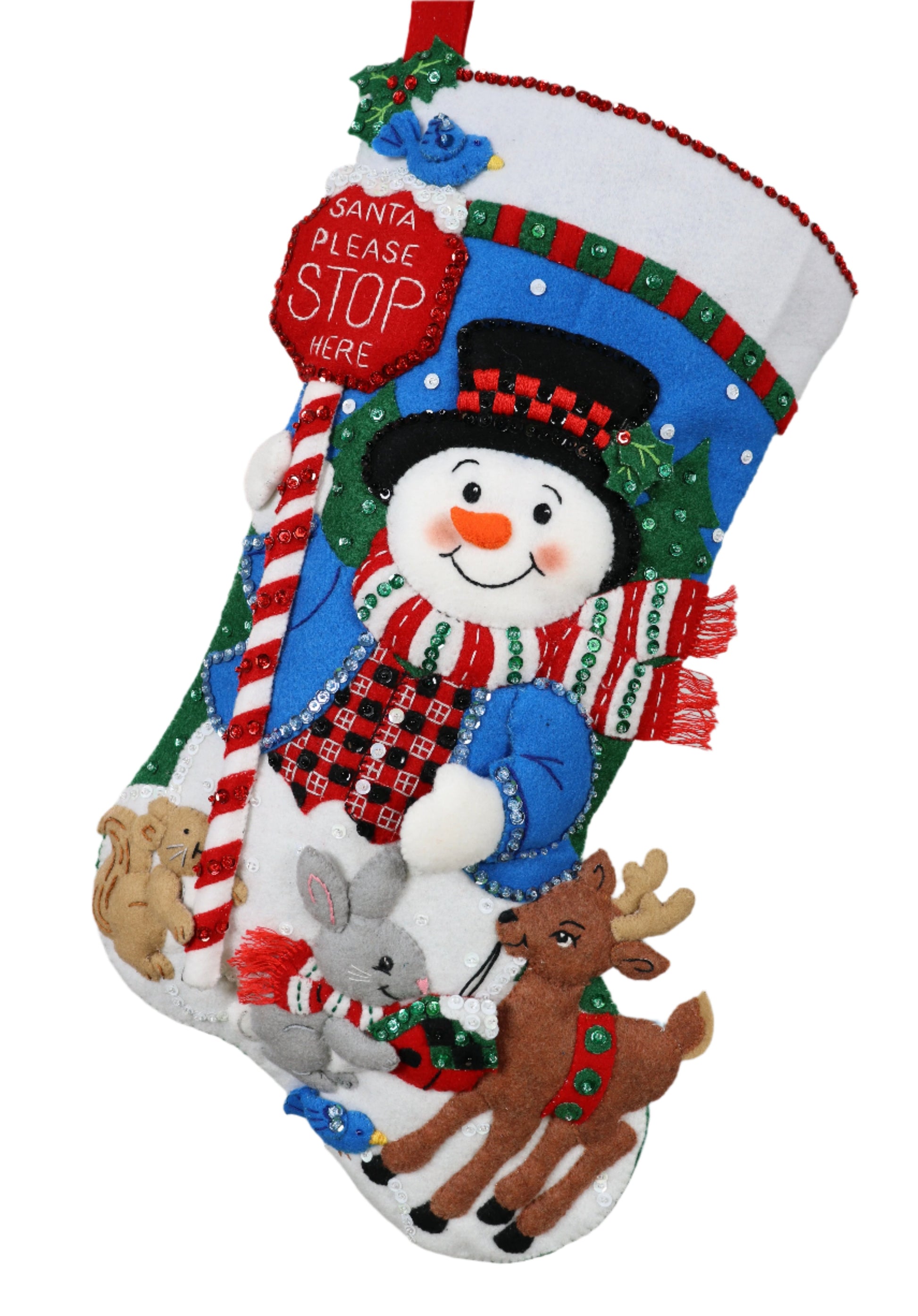 Santa Stop Here Bucilla Felt Christmas Stocking front view