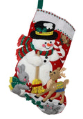 Snowman & Friends finished Bucilla felt Christmas stocking with a snowman and animal friends, front view