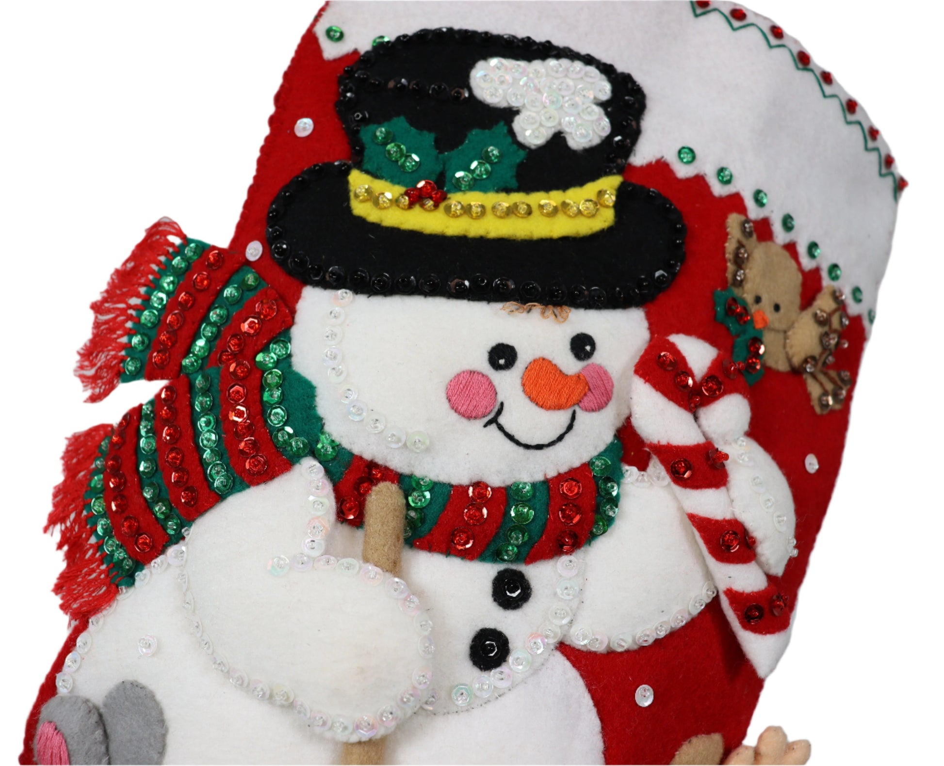 Snowman & Friends Bucilla Felt Christmas Stocking zoomed in shot