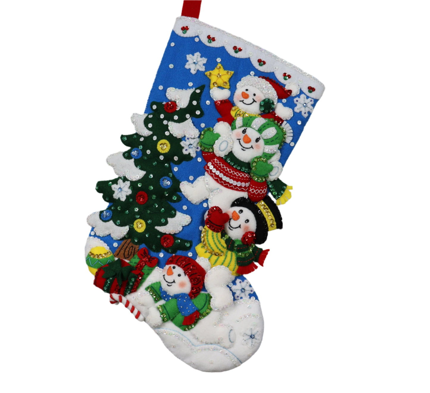 Teamwork Snowmen Bucilla Felt Christmas Stocking front view