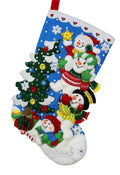 Teamwork Snowmen finished Bucilla felt Christmas stocking with snowmen placing the star on a Christmas tree, front view