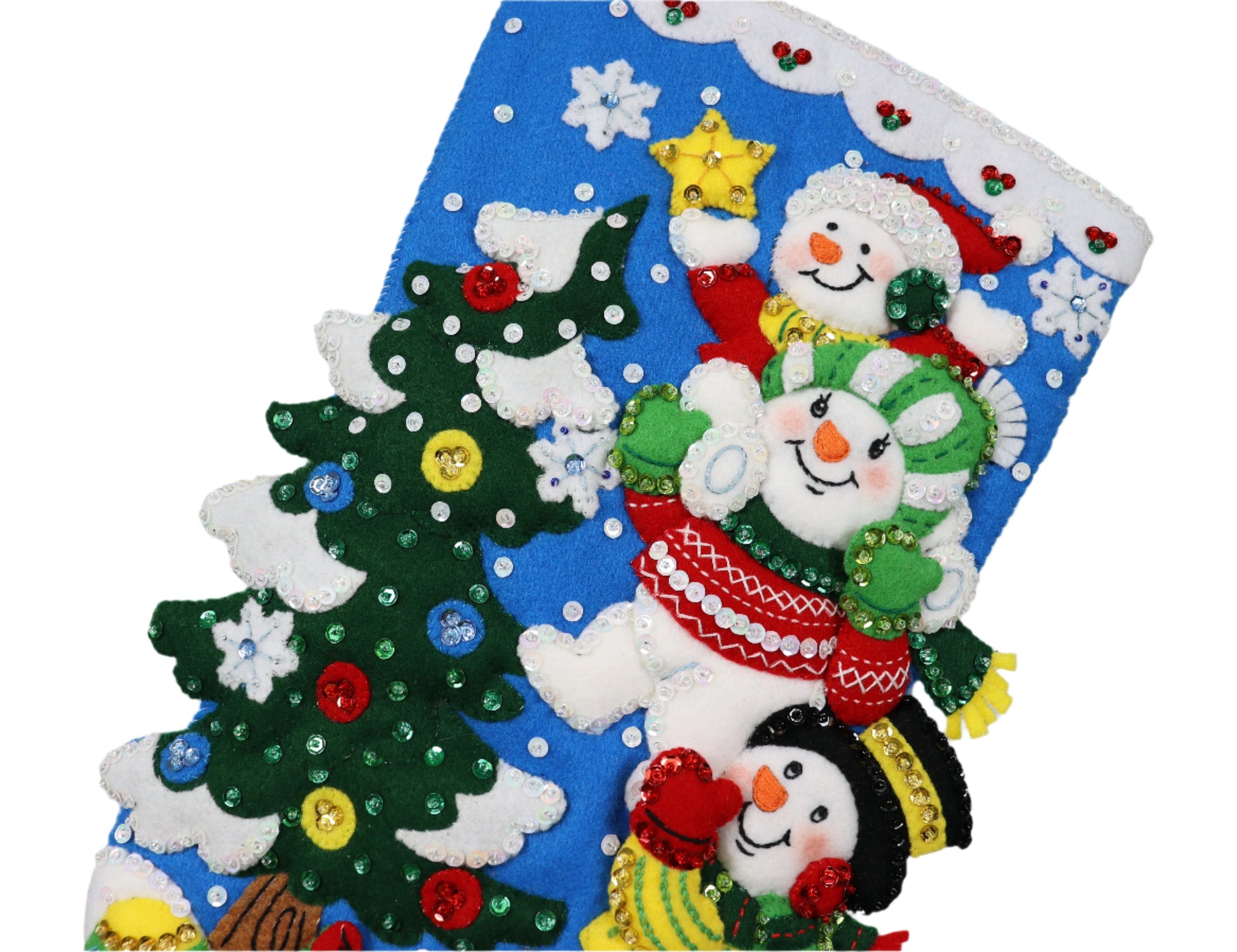 Teamwork Snowmen Bucilla Felt Christmas Stocking top of tree