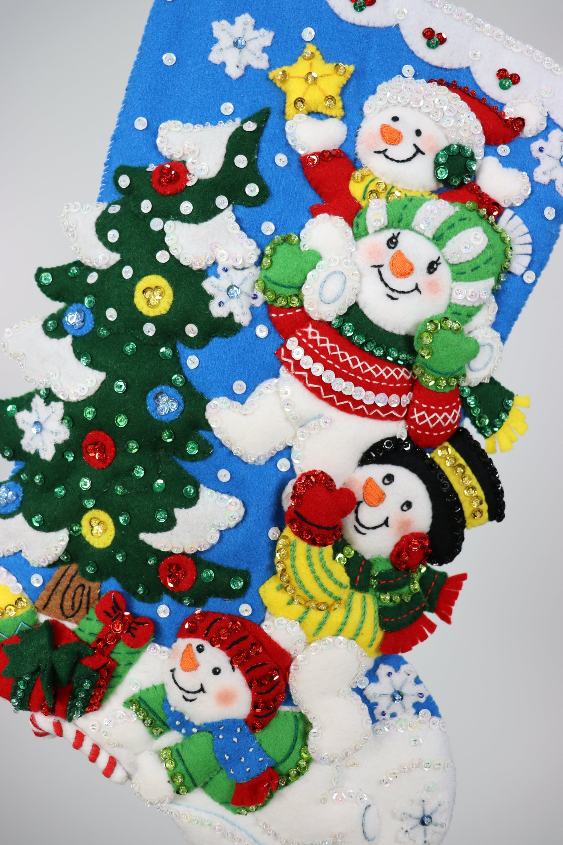 Teamwork Snowmen Bucilla Felt Christmas Stocking tower of friends