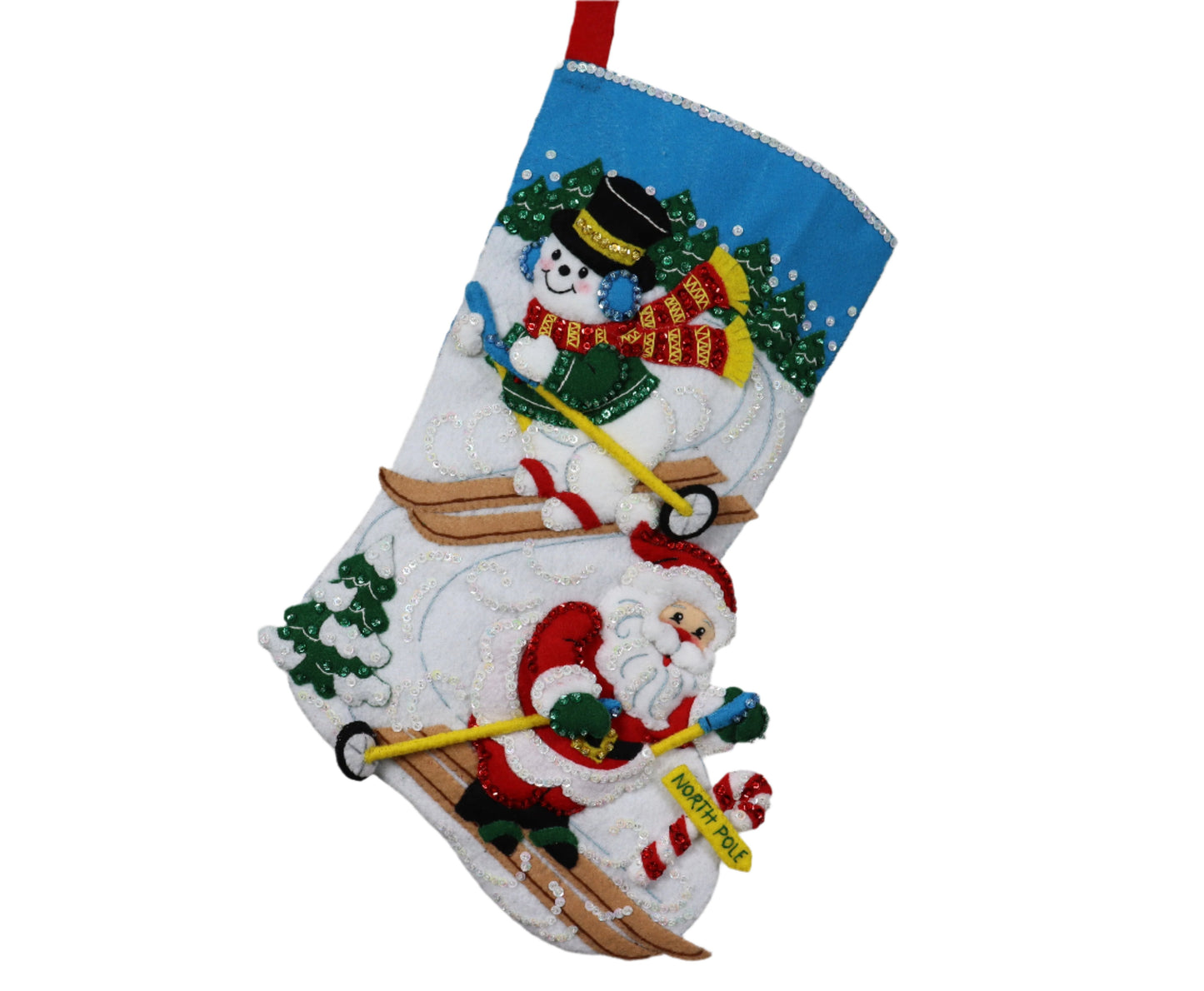 Downhill Skiers Bucilla Felt Christmas Stocking Front view