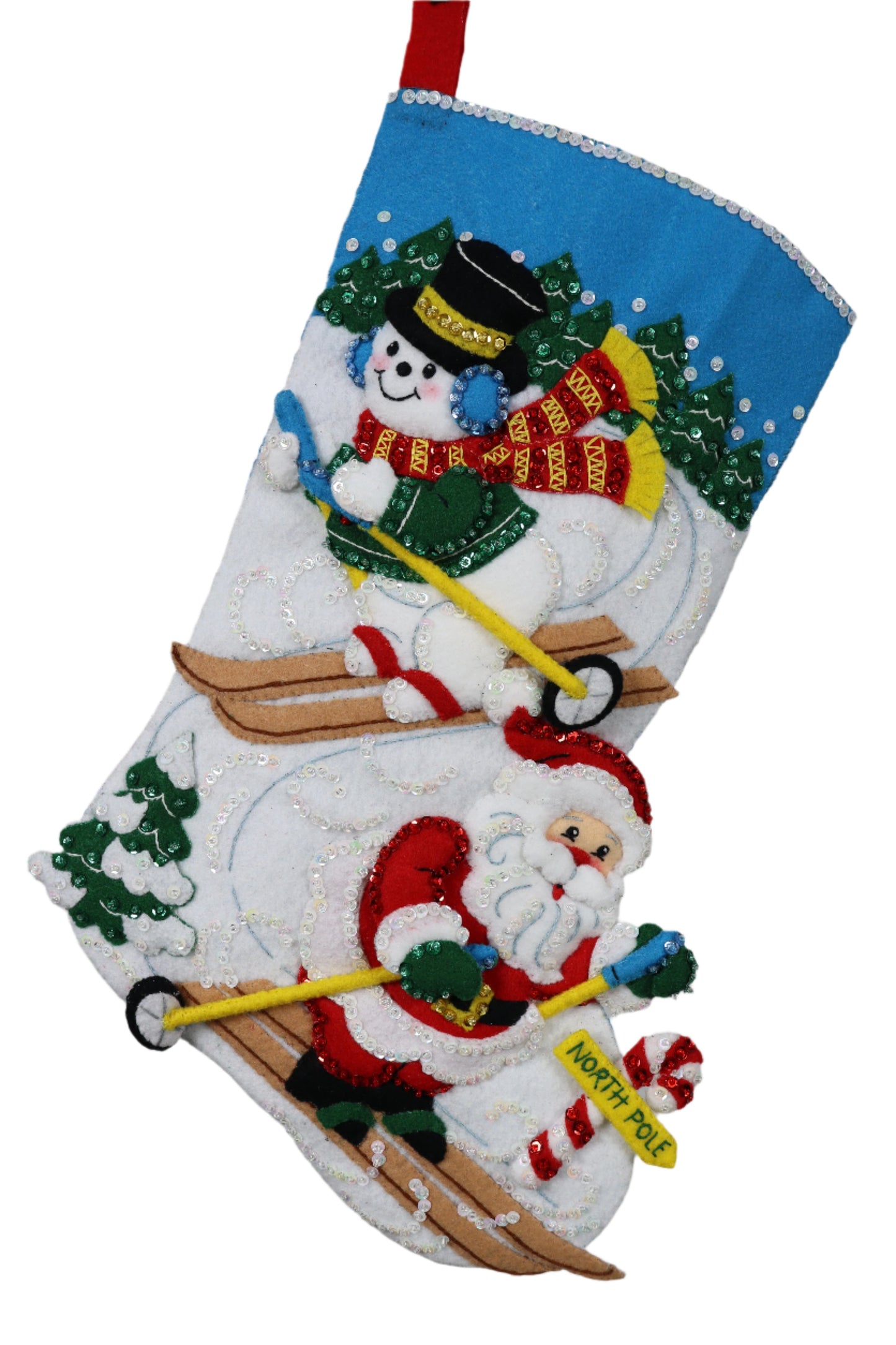 Downhill Skiers Bucilla Felt Christmas Stocking front view