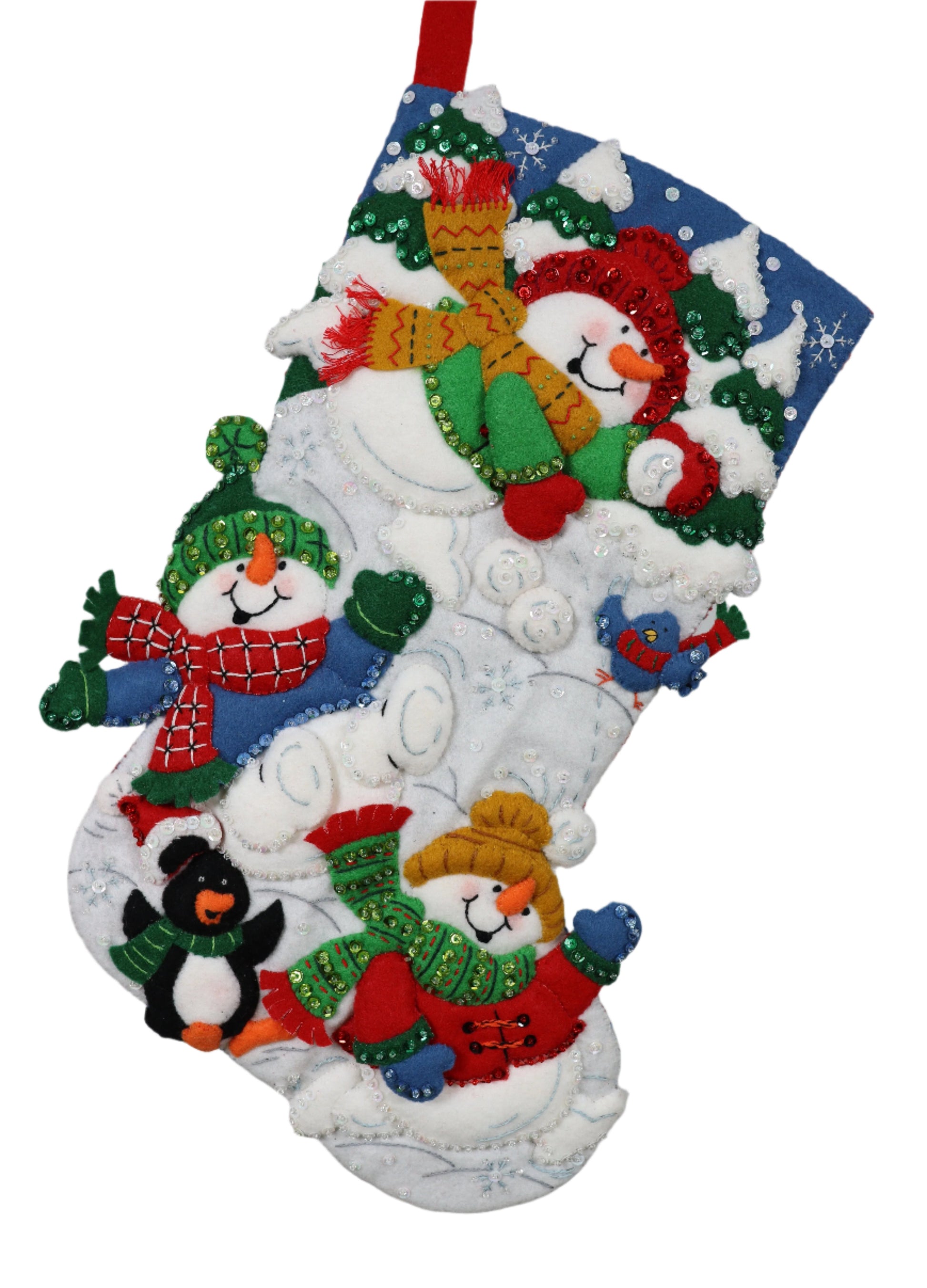 Snow Fun Bucilla Felt Christmas Stocking front view