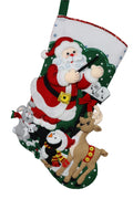 Santa's Choir Practice finished Bucilla felt Christmas stocking with Santa leading an animal choir, front view