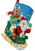 Santa’s Helper finished Bucilla felt Christmas stocking with Santa's sleigh full of toys, front view