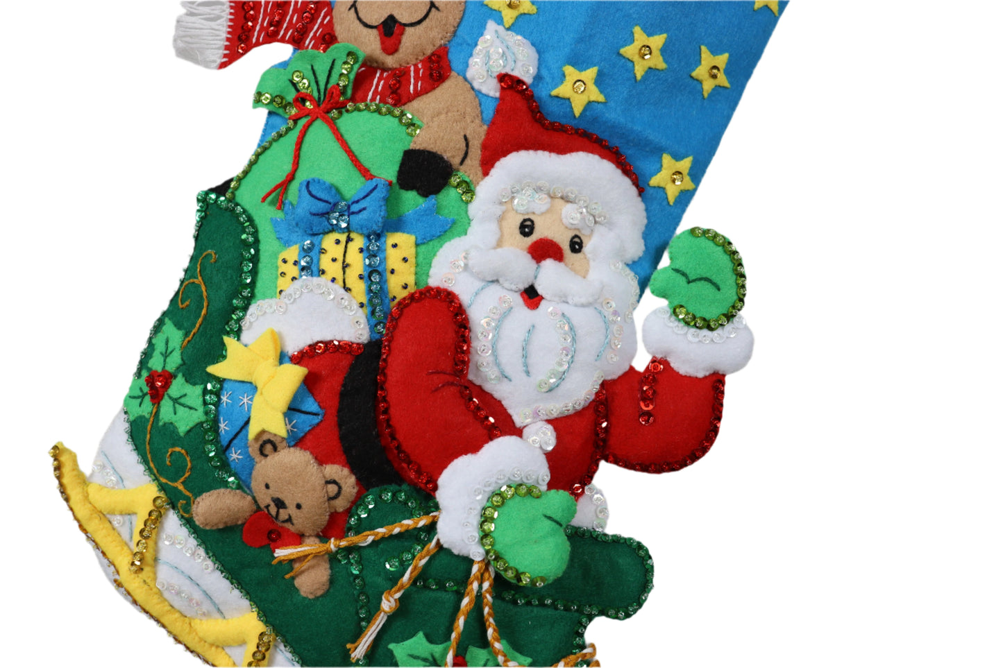 Santa’s Helper Bucilla Felt Christmas Stocking zoomed in