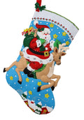 Reindeer Santa finished Bucilla felt Christmas stocking with Santa riding a reindeer across the night sky, front view