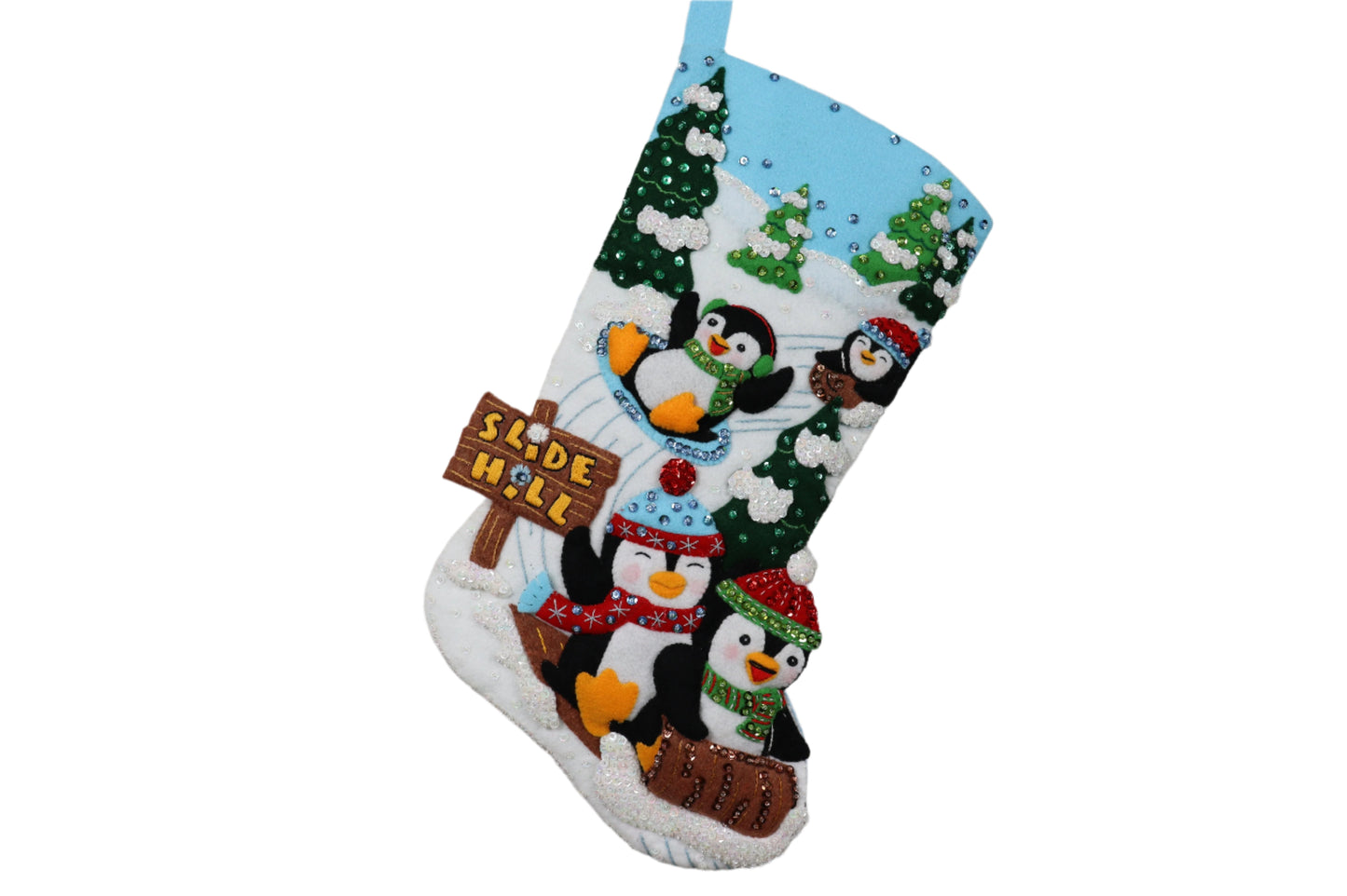 Penguins at Play Bucilla Felt Christmas Stocking front view