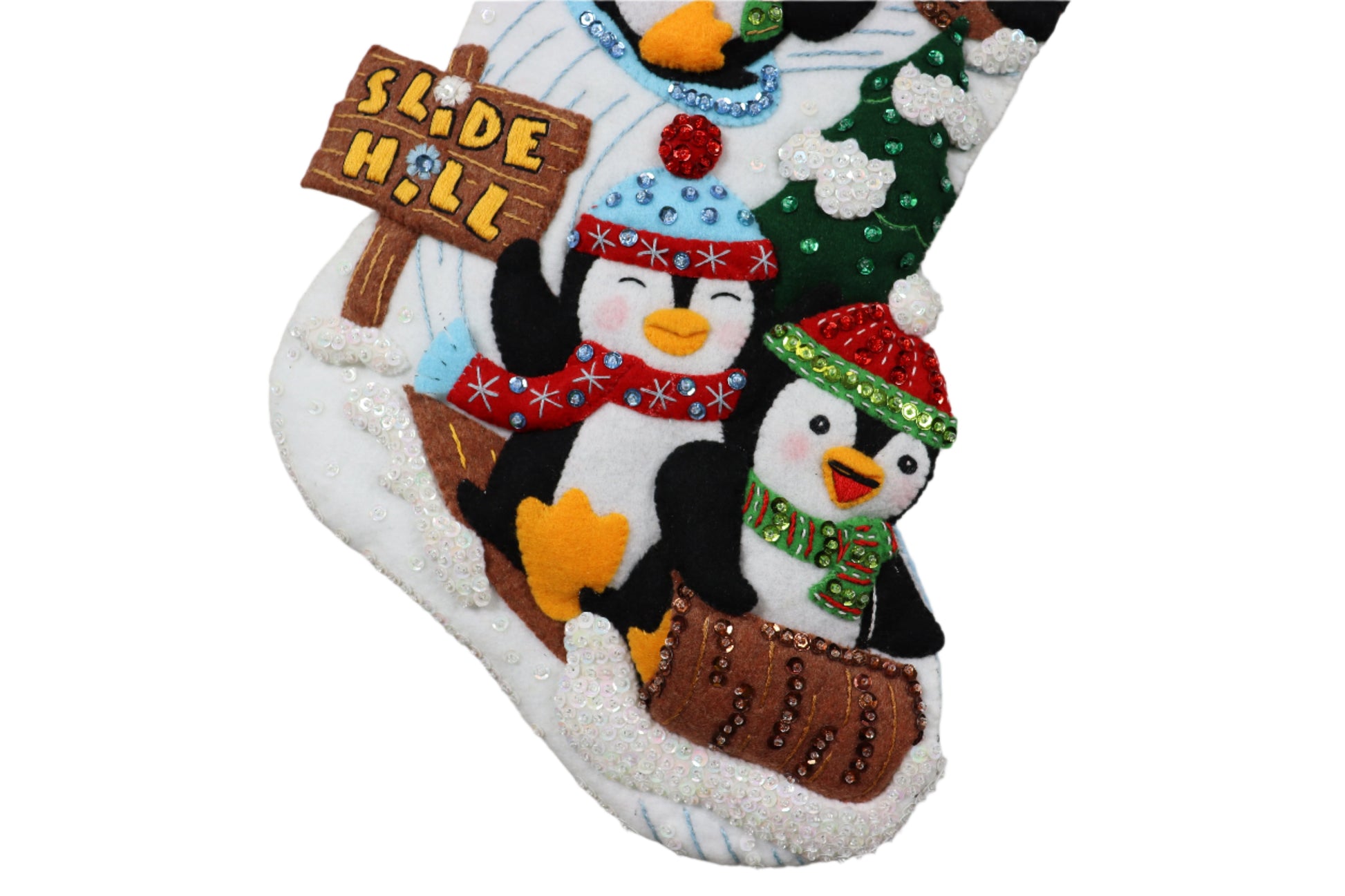 Penguins at Play Bucilla Felt Christmas Stocking - bottom penguins