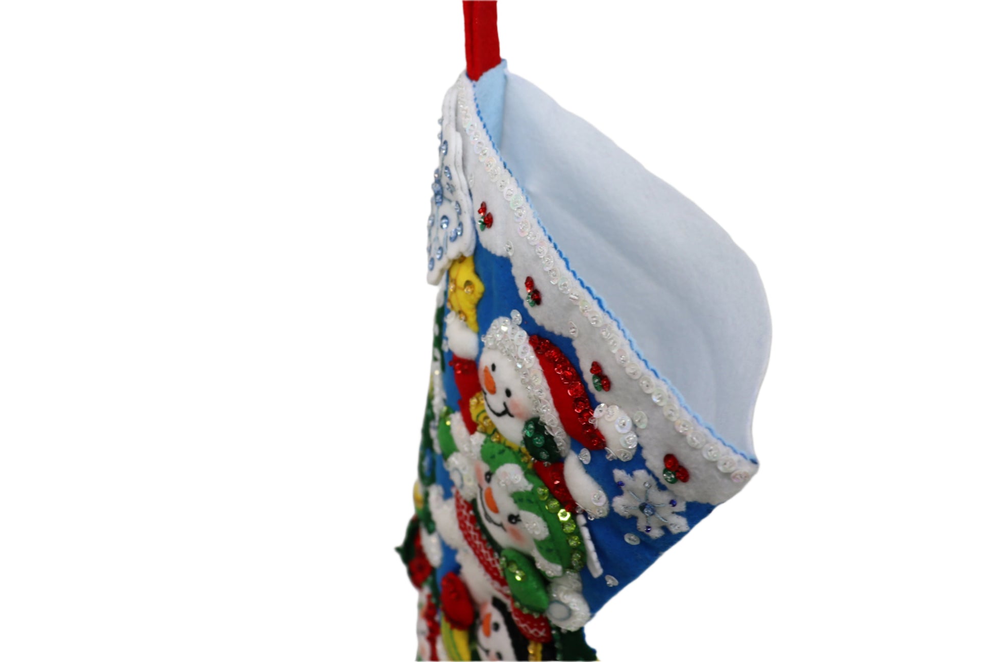 Teamwork Snowmen Bucilla Felt Christmas Stocking top view