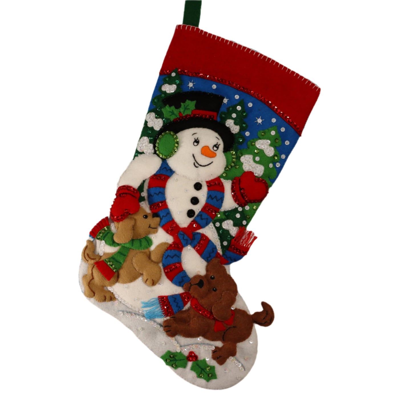 Snowman and Puppies Bucilla Finished Felt Christmas Stocking