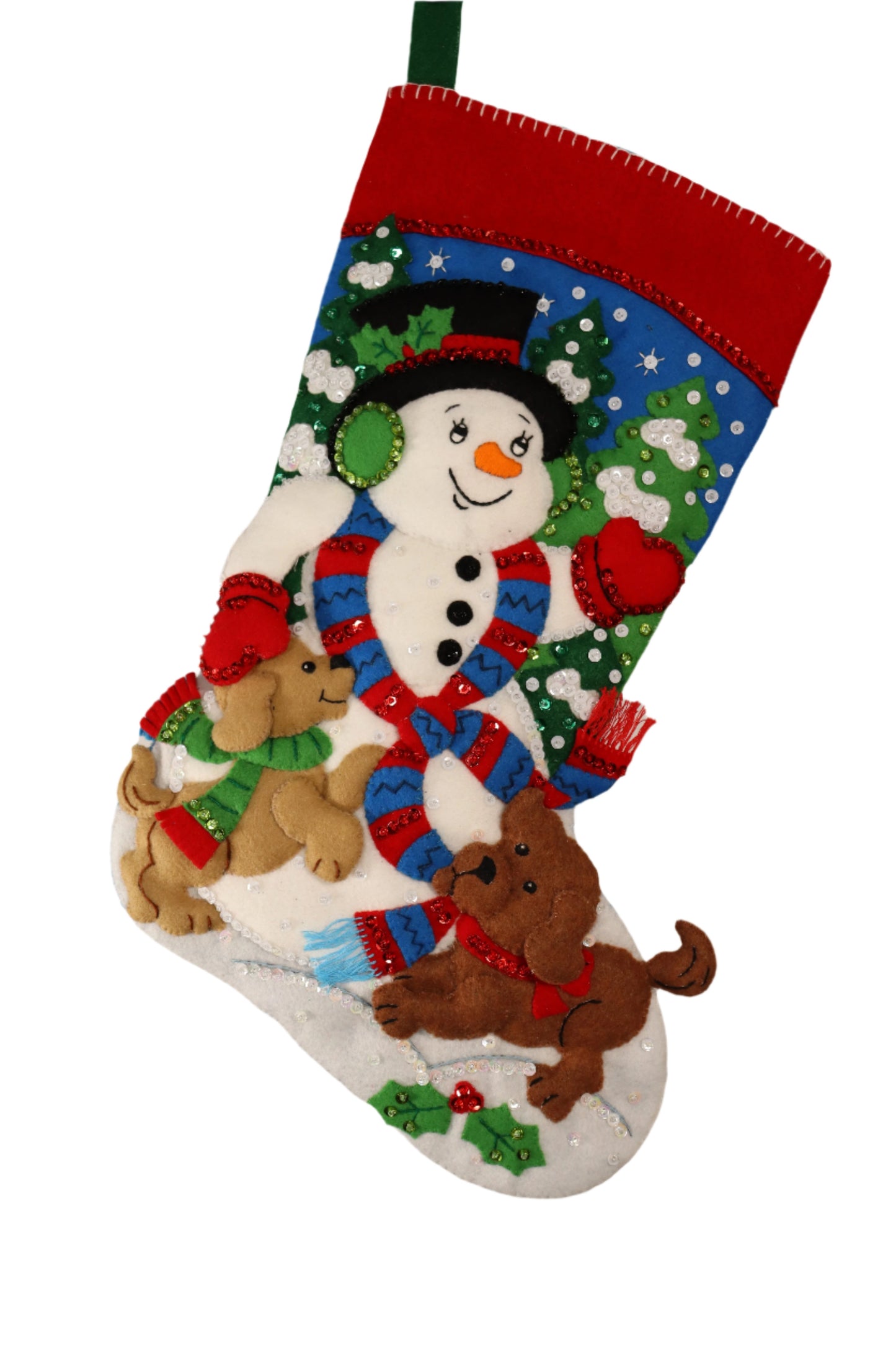 Snowman and Puppies Bucilla Felt Christmas Stocking