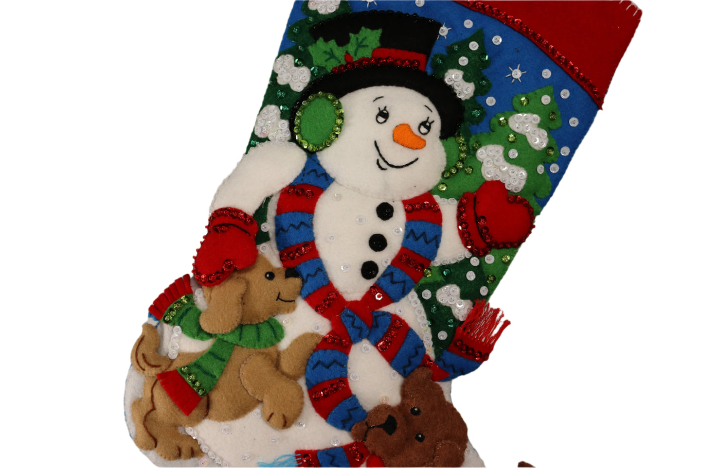 Snowman and Puppies Bucilla Finished Felt Christmas Stocking