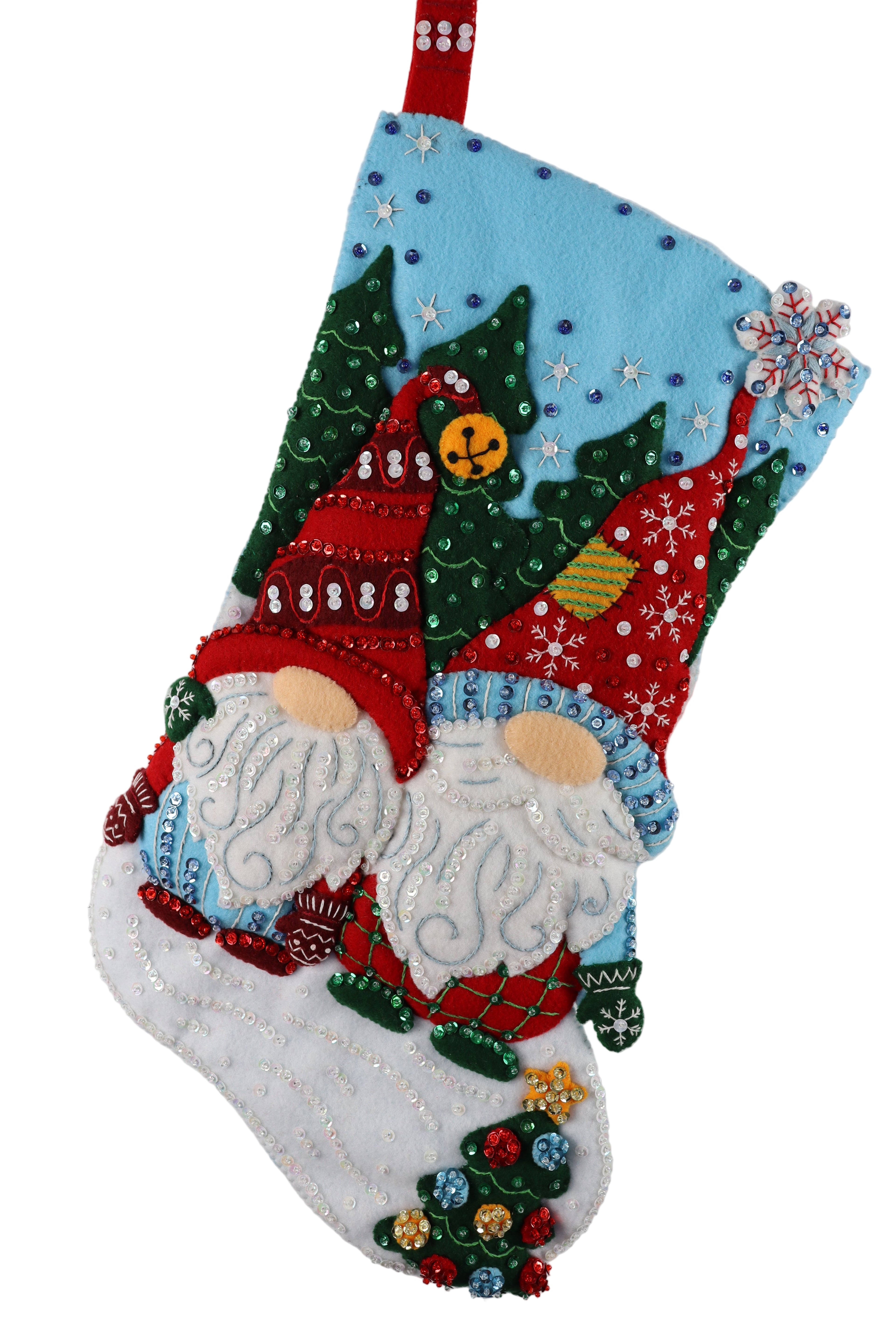 Decorative gnome stocking with festive design on a white background