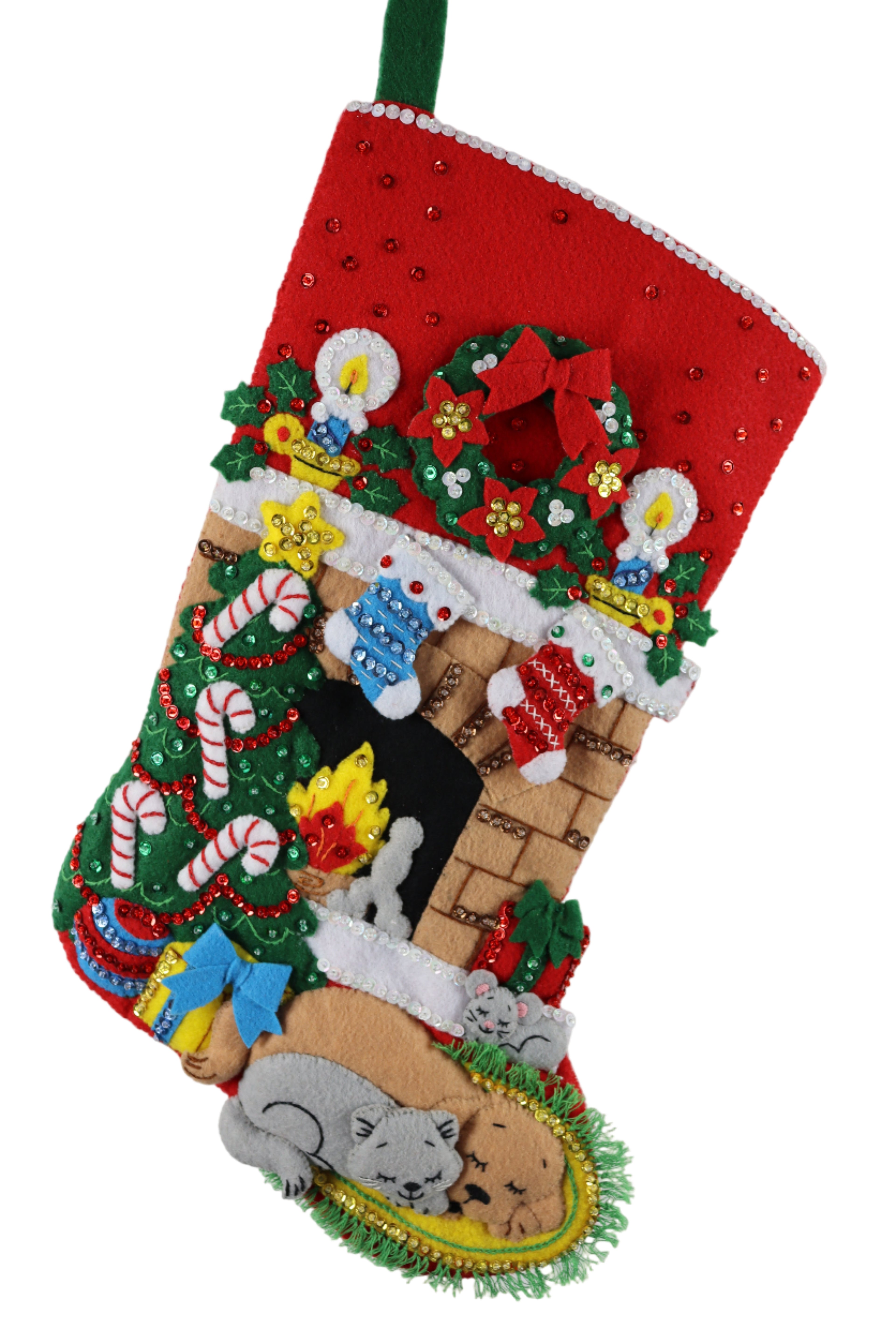 Decorative Christmas stocking with colorful designs on a white background