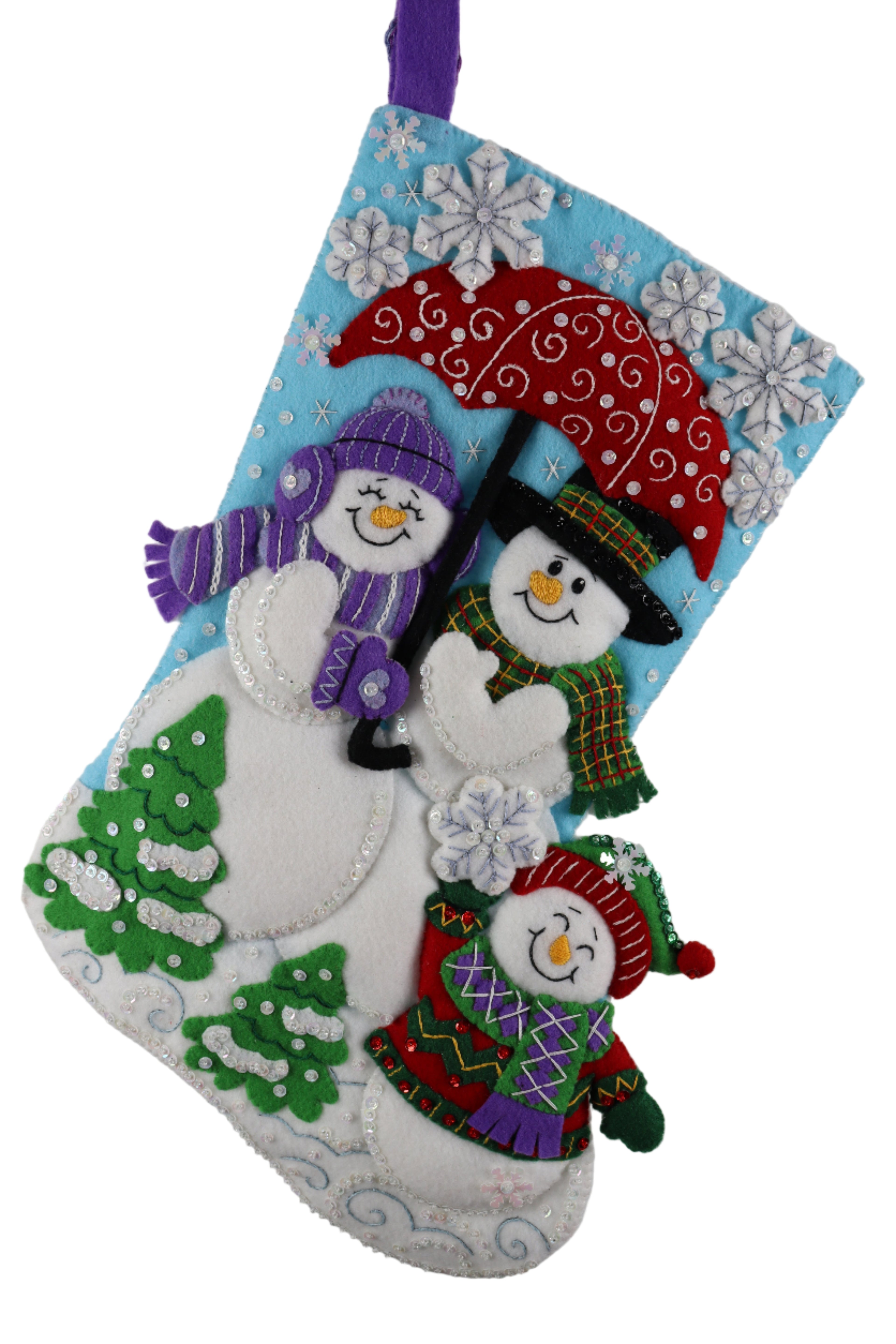 Decorative stocking with snowmen and winter elements on a white background