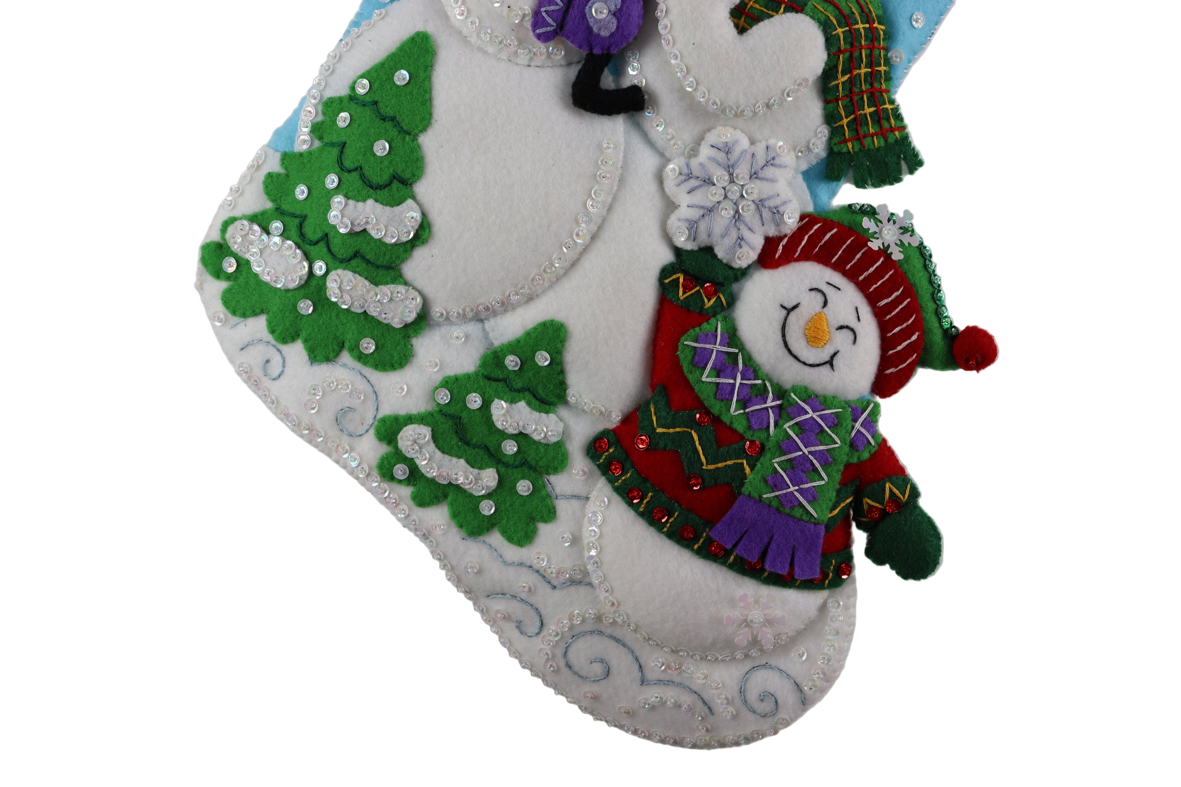 Decorative Christmas stocking with a snowman design on a white background