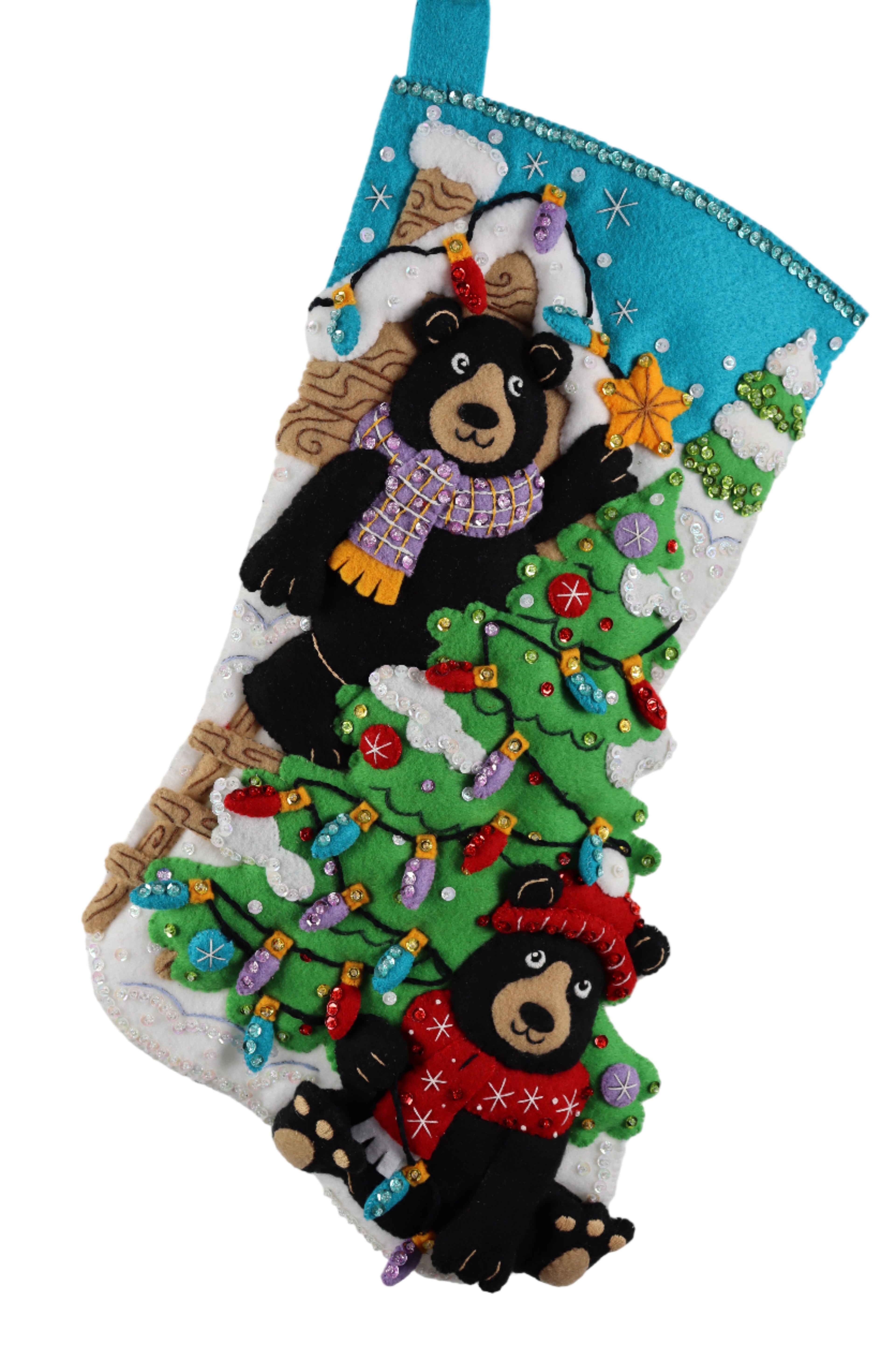 Decorative stocking with bears and Christmas trees on a white background