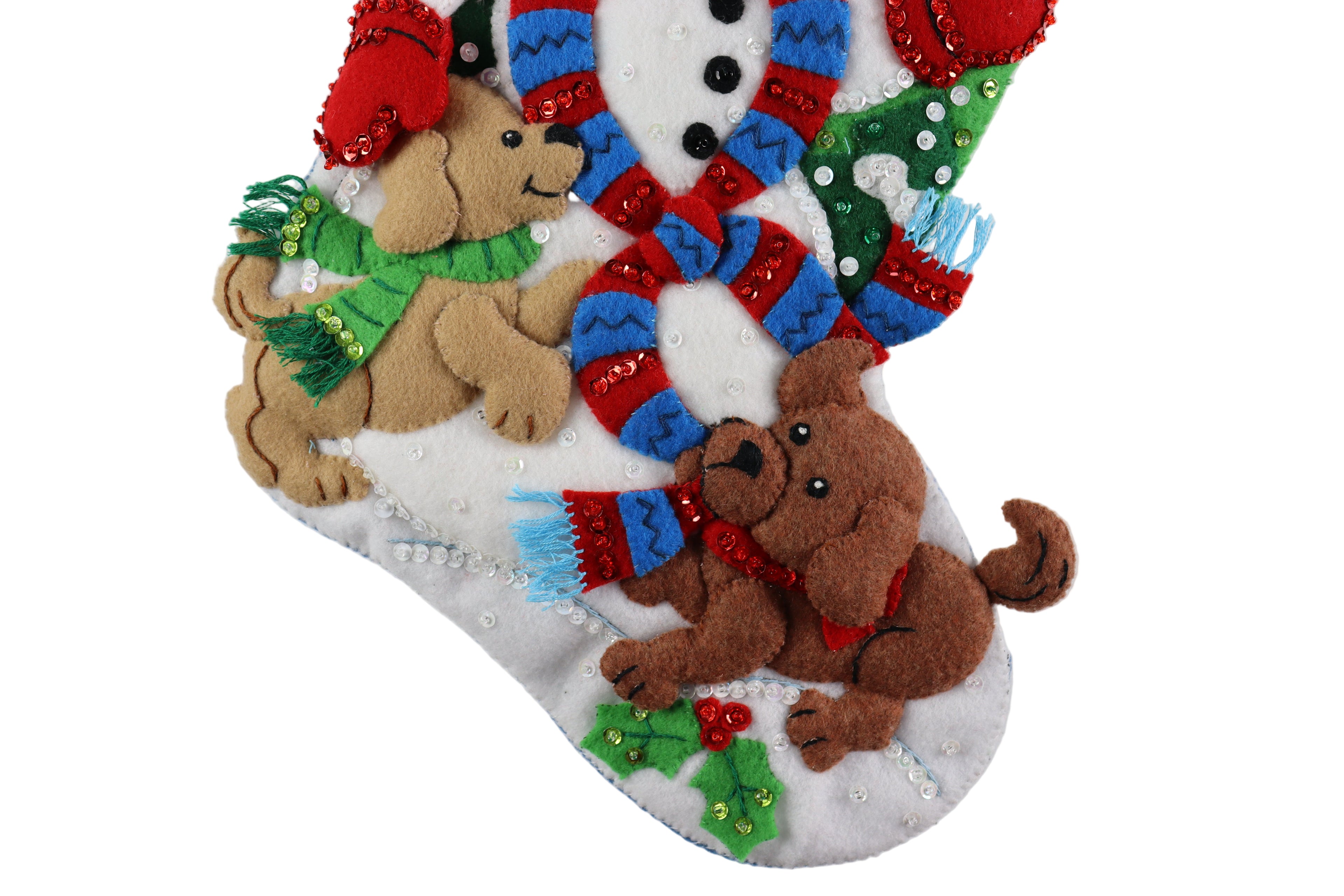 Christmas stocking with dogs and a snowman on a white background