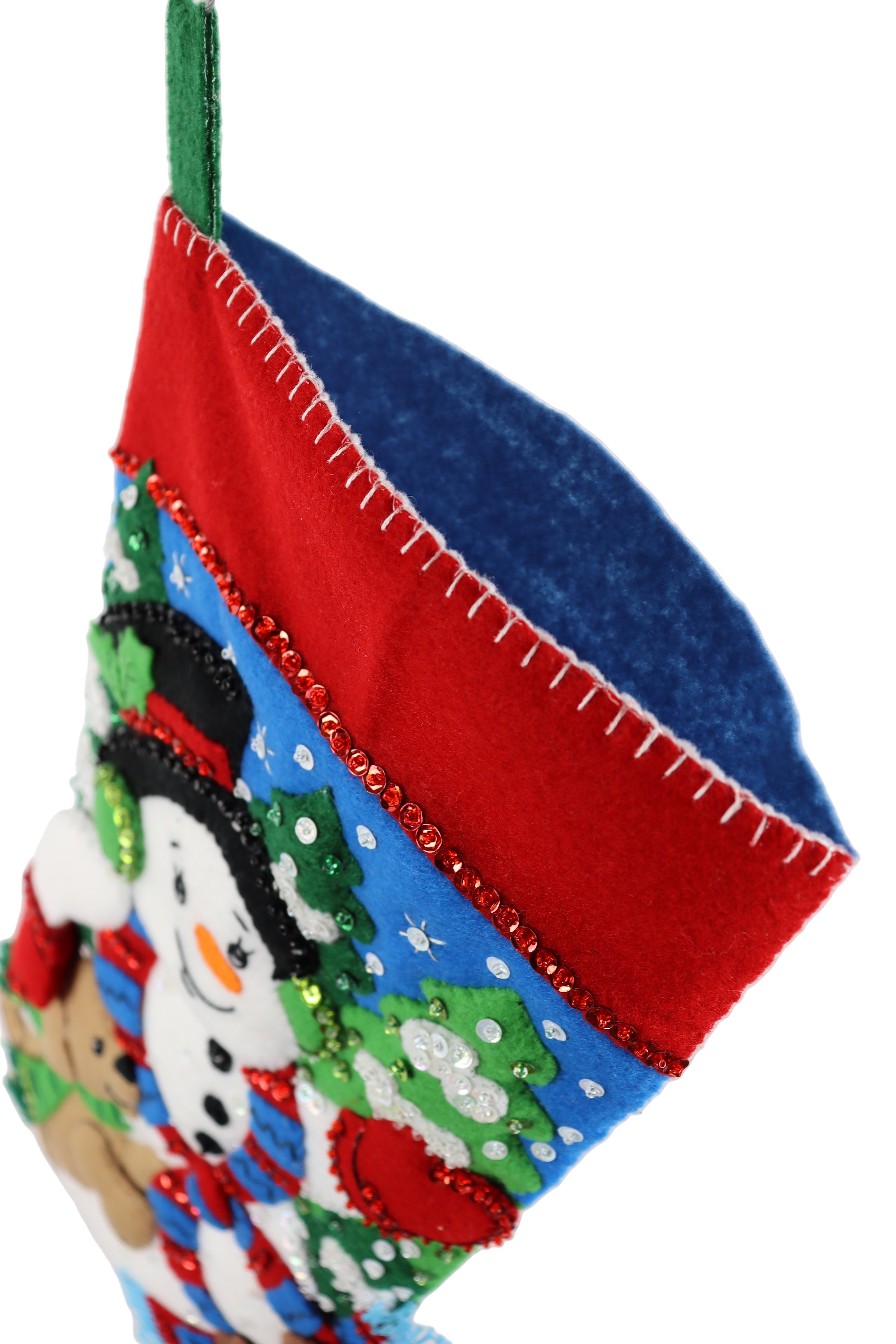 Felt Christmas decoration with a snowman and trees on a white background