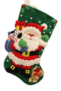 Finished Santa's Furry Friends Bucilla felt Christmas stocking: Santa waving with a puppy in his toy sack and a kitten at his feet on a green background