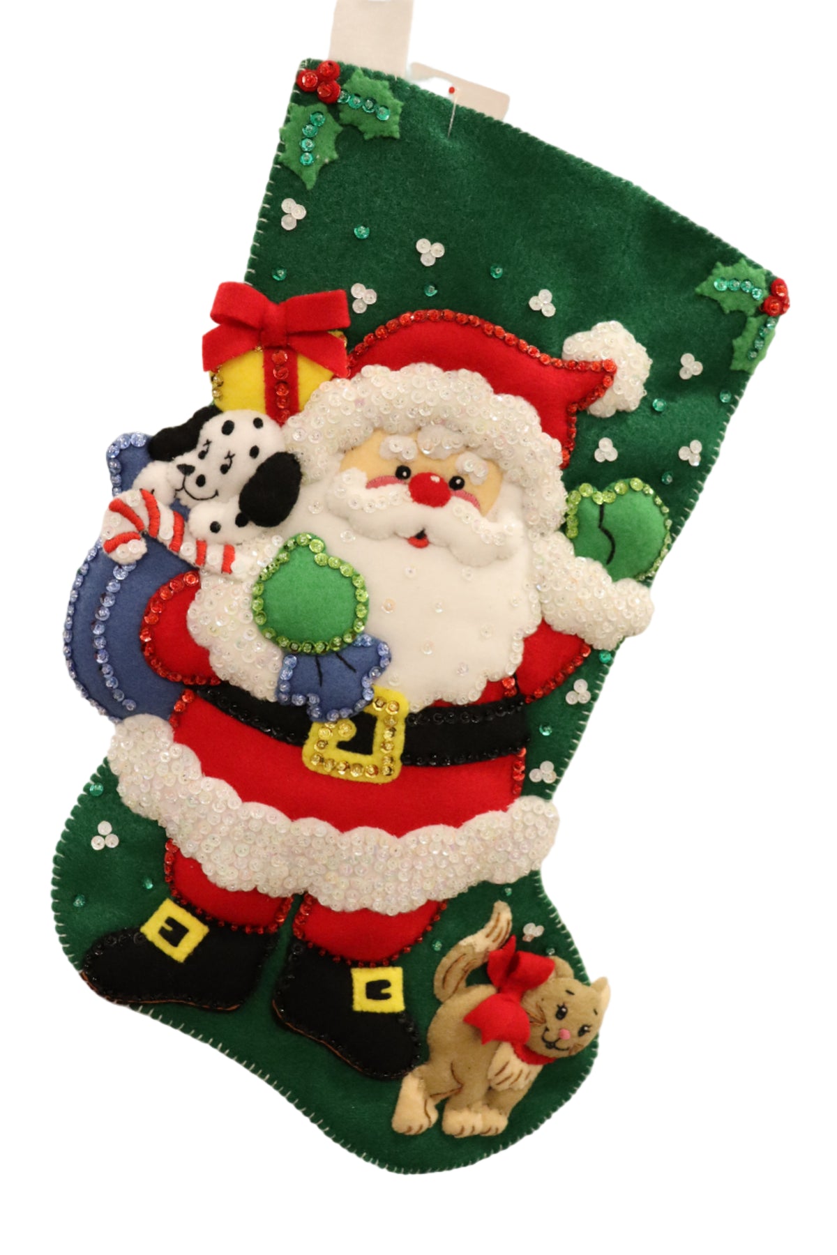 Finished Santa's Furry Friends Bucilla felt Christmas stocking: Santa waving with a puppy in his toy sack and a kitten at his feet on a green background