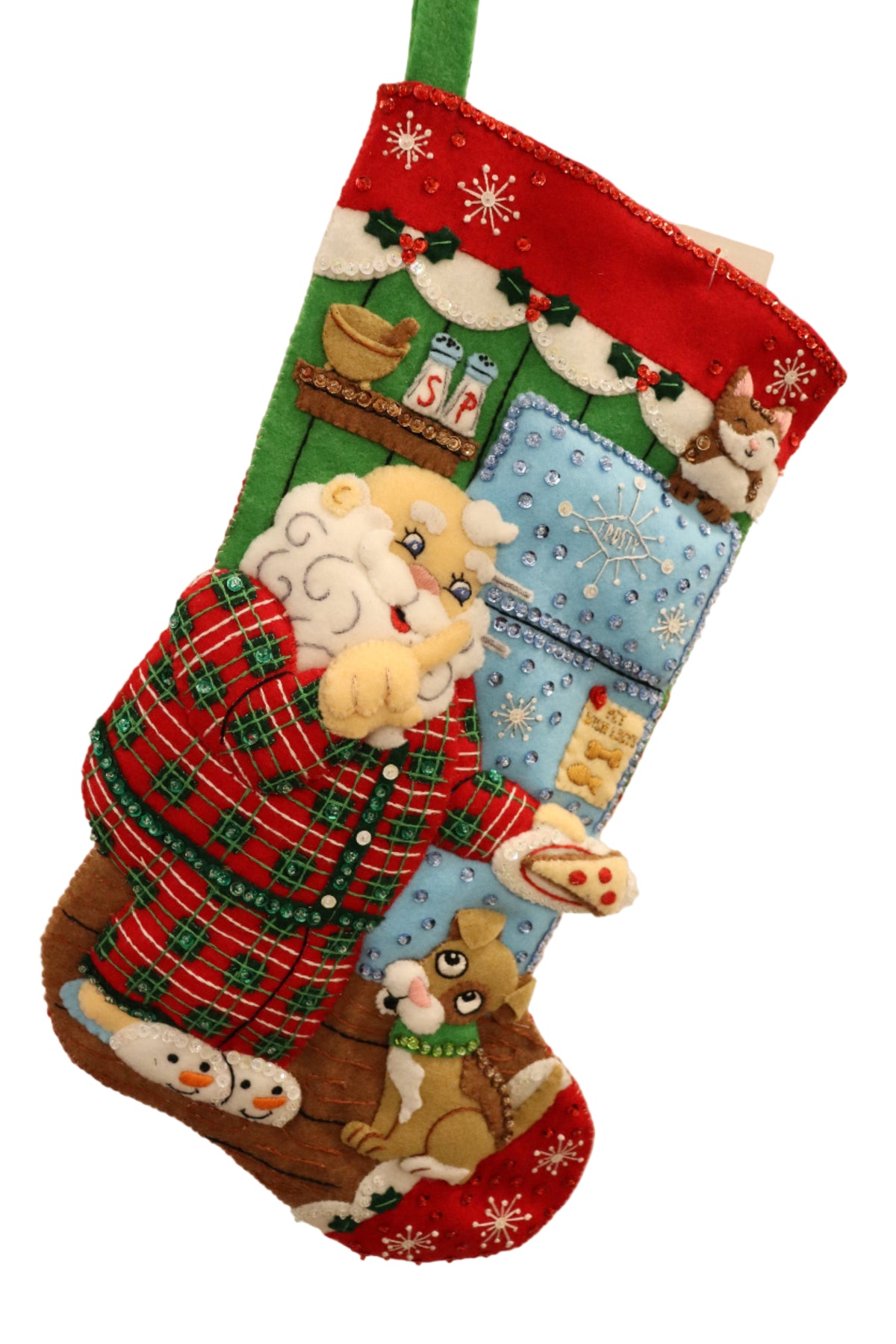 Finished Santa's Midnight Snack Bucilla felt Christmas stocking: Santa in plaid pajamas taking pizza from a blue fridge, with a puppy at his feet and a cat on top of the fridge