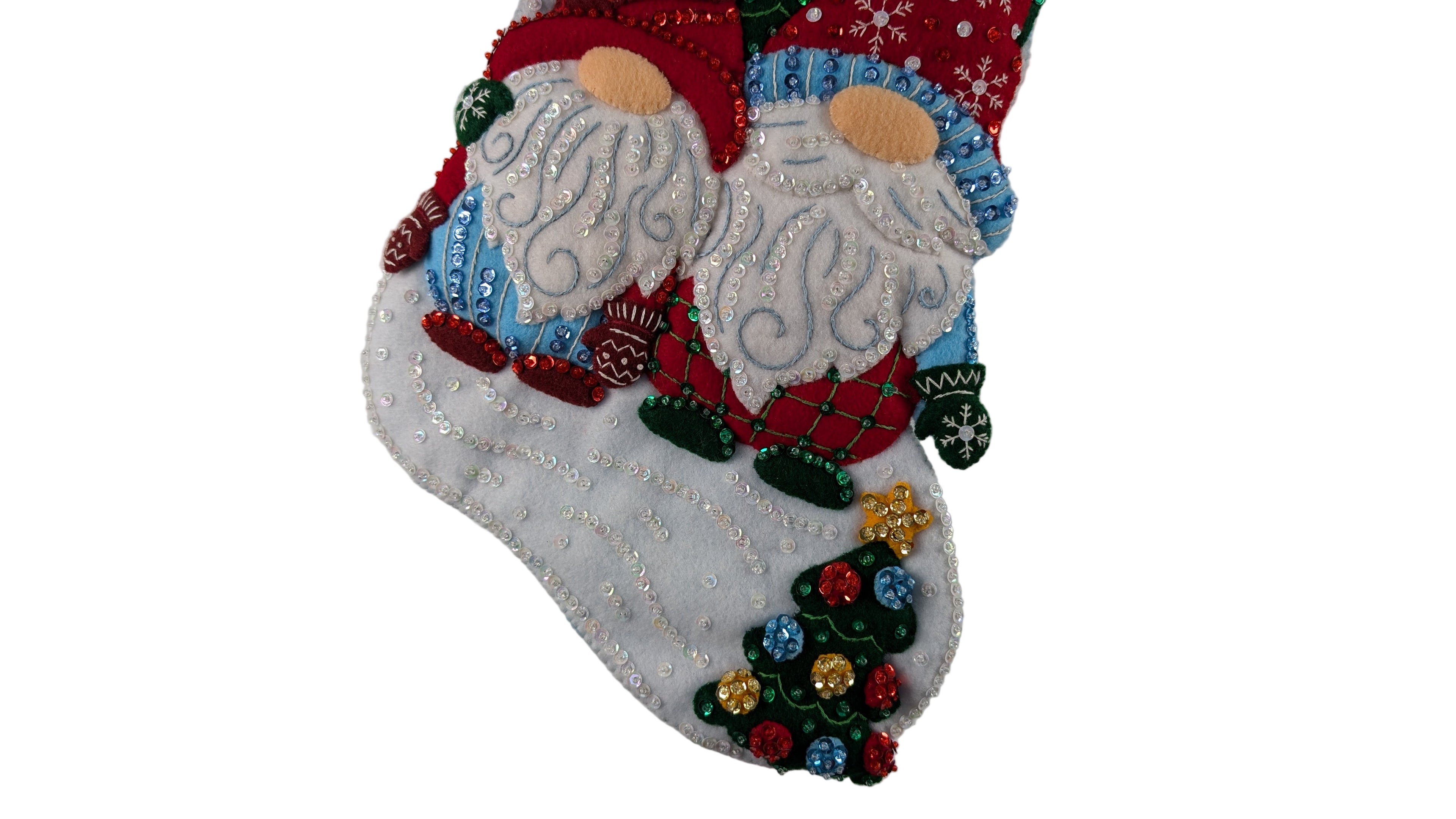 Decorative Christmas stocking with two gnomes and a small tree