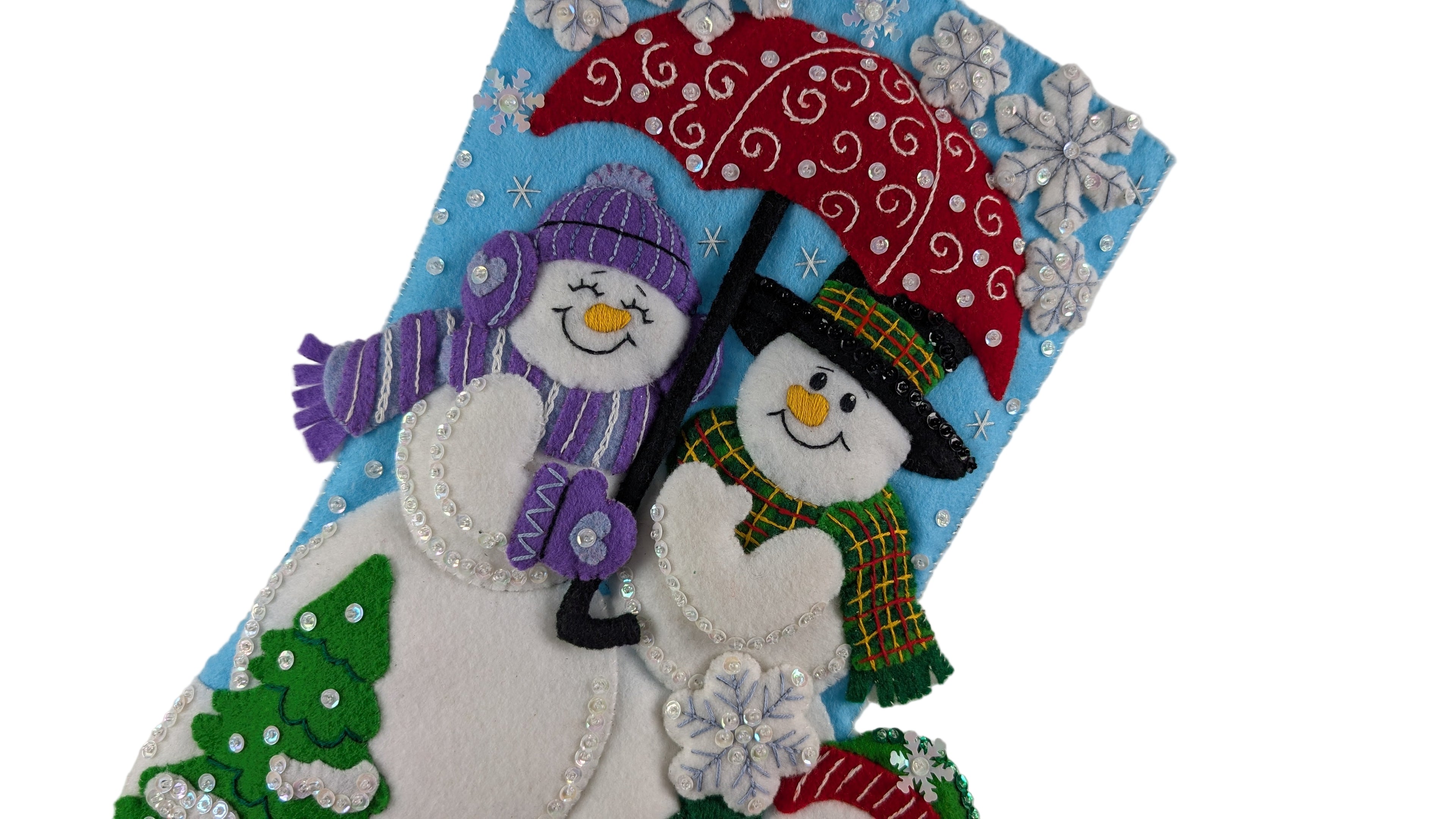 Decorative stocking with two snowmen under an umbrella