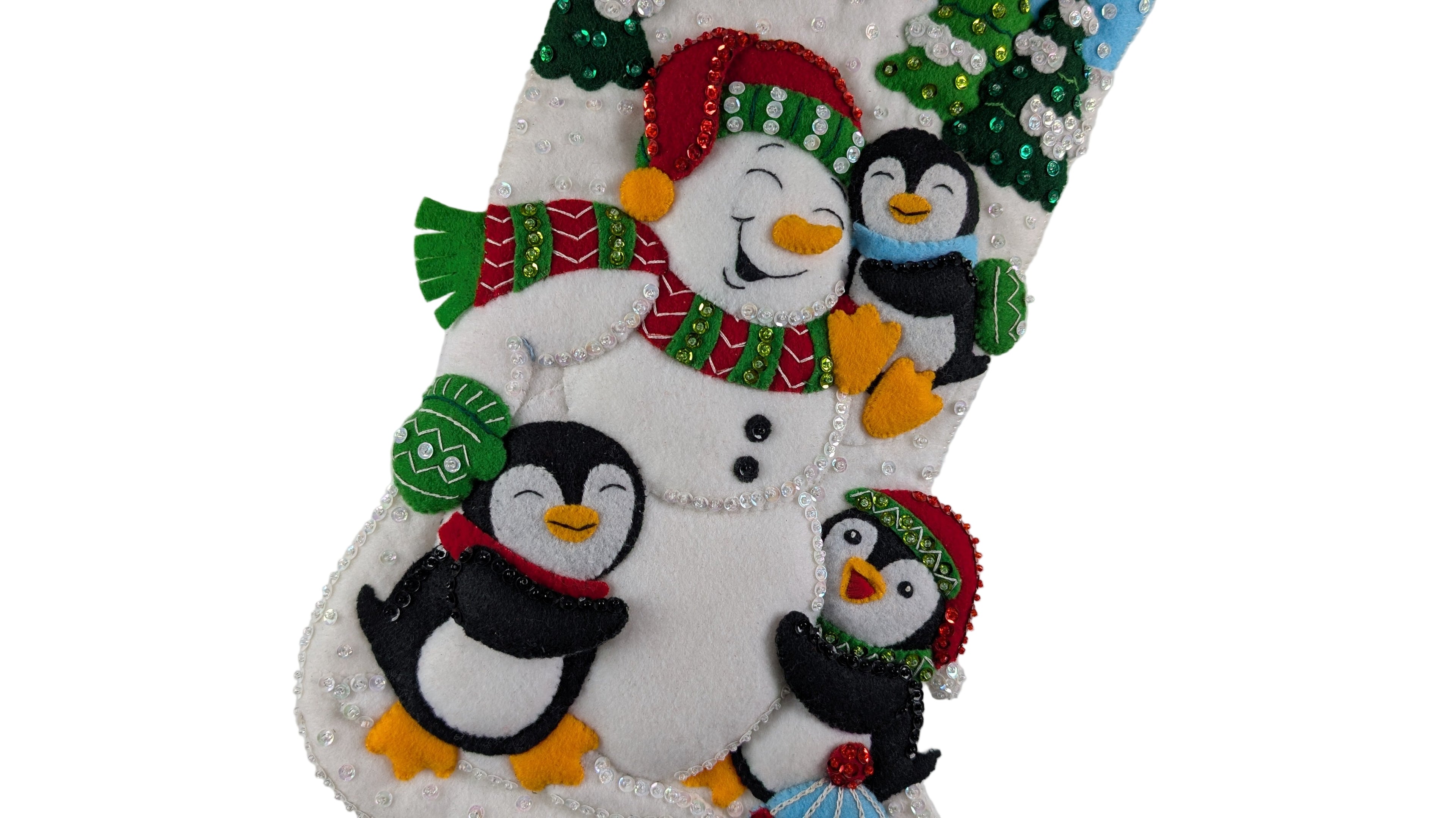 Decorative Christmas ornament with a snowman and penguins on a white background